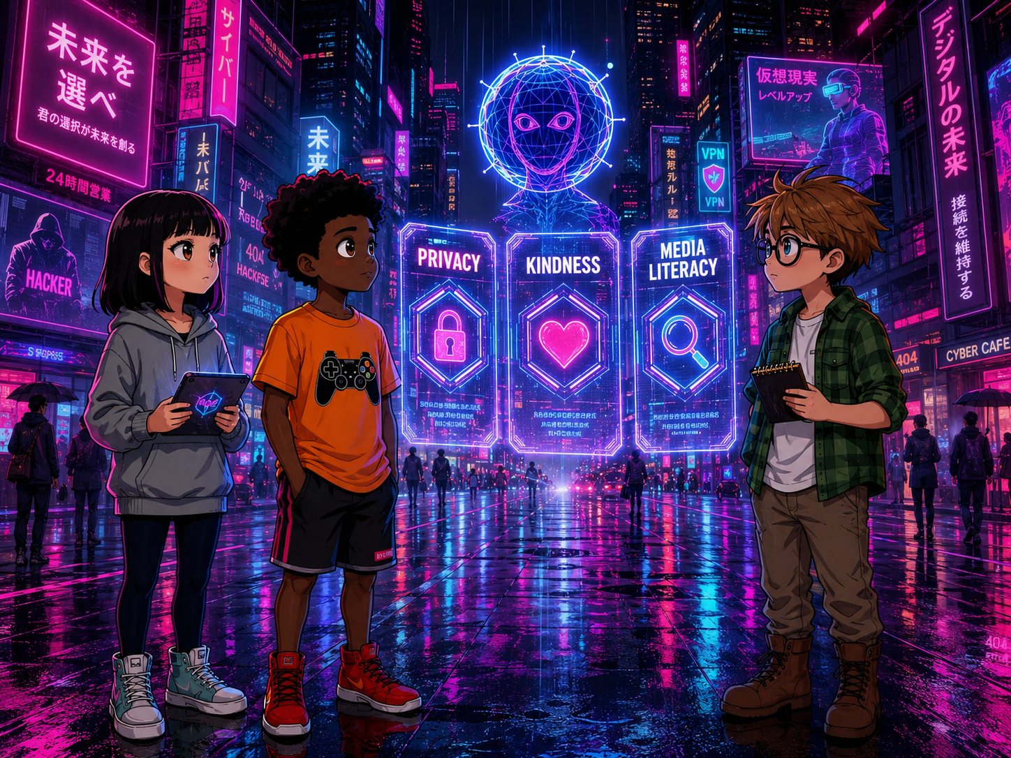 The Digital Defenders: CIVIX Adventure — page 4 panel 4: CIVIX reappears, projecting three holographic options for the 'true traits of a Digital Defender': Privacy, Kindness, Media Literacy. The friends look at each other, ready to make their final choice.