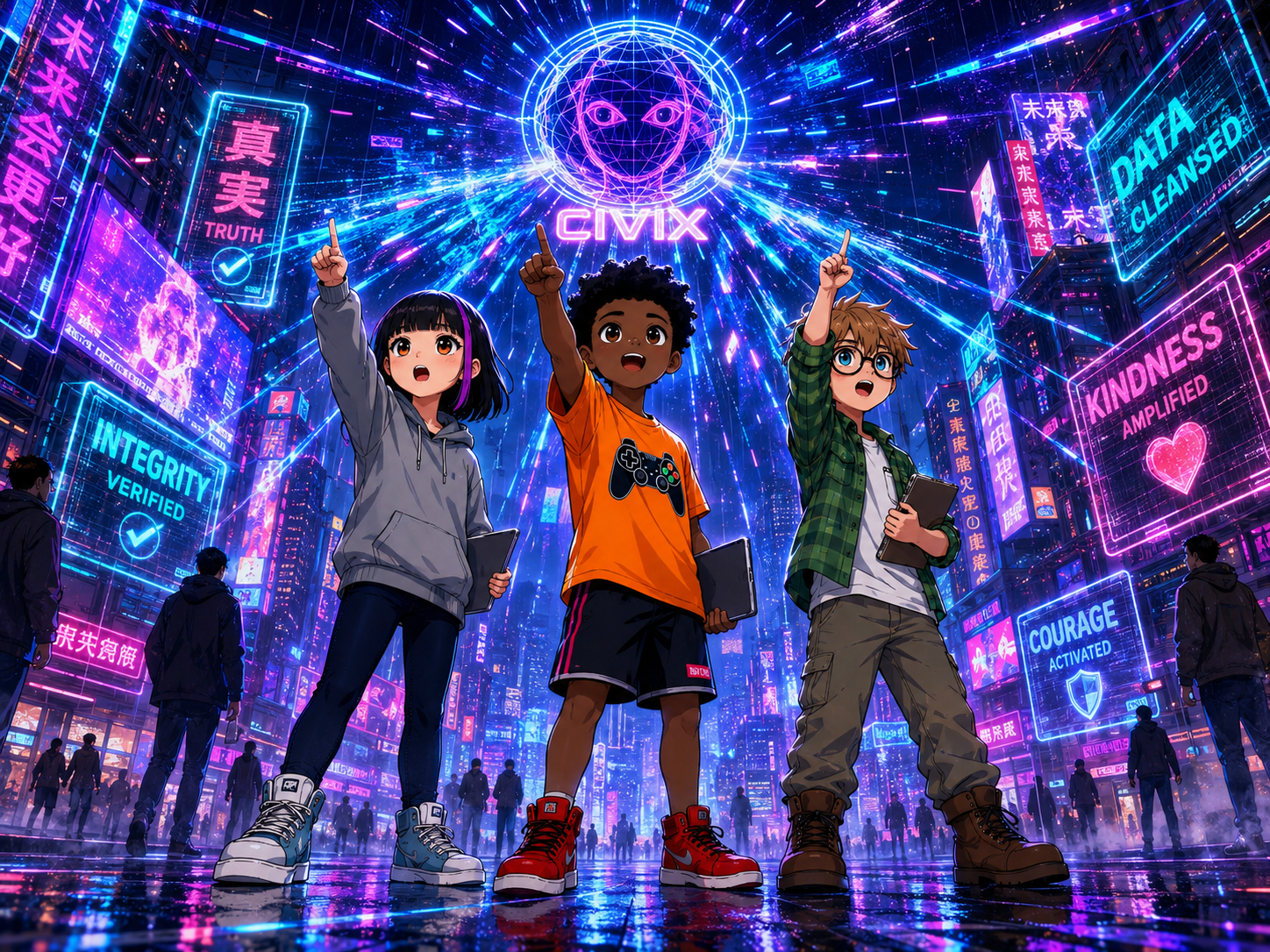 The Digital Defenders: CIVIX Adventure — page 4 panel 5: The trio points decisively at the correct traits. A brilliant surge of light erupts, restoring vibrant balance to the digital world. They stand bathed in the light, triumphant.