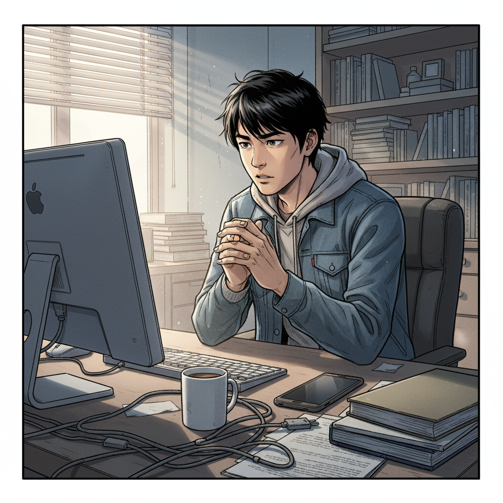 赵明的夏天 — page 4 panel 2: 暑假即将结束，赵明坐在房间里，紧张地盯着电脑屏幕，等待着高考成绩的公布。