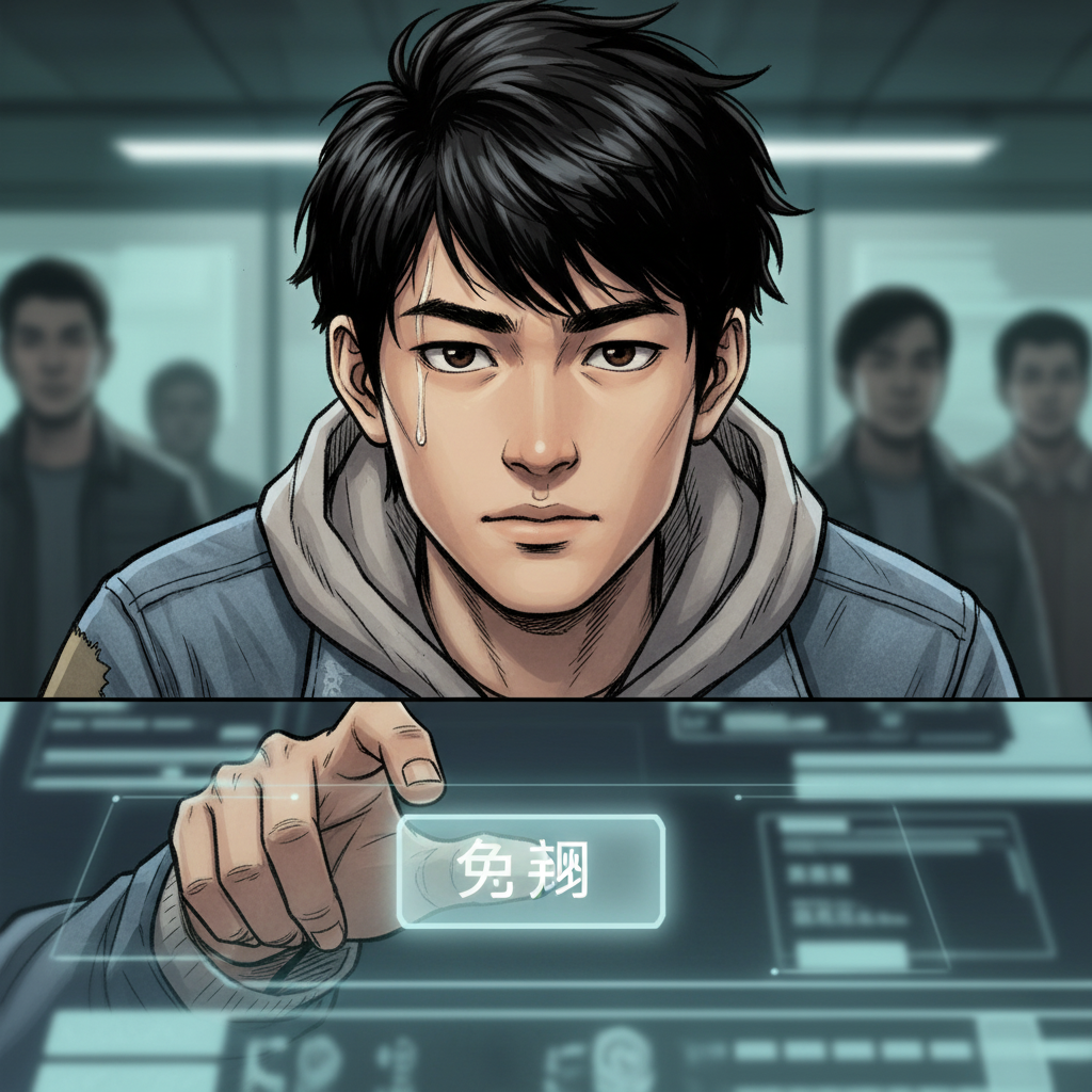 赵明的夏天 — page 4 panel 3: 赵明的脸部特写，汗珠顺着额头滑落，他深吸一口气，点击了查询按钮。