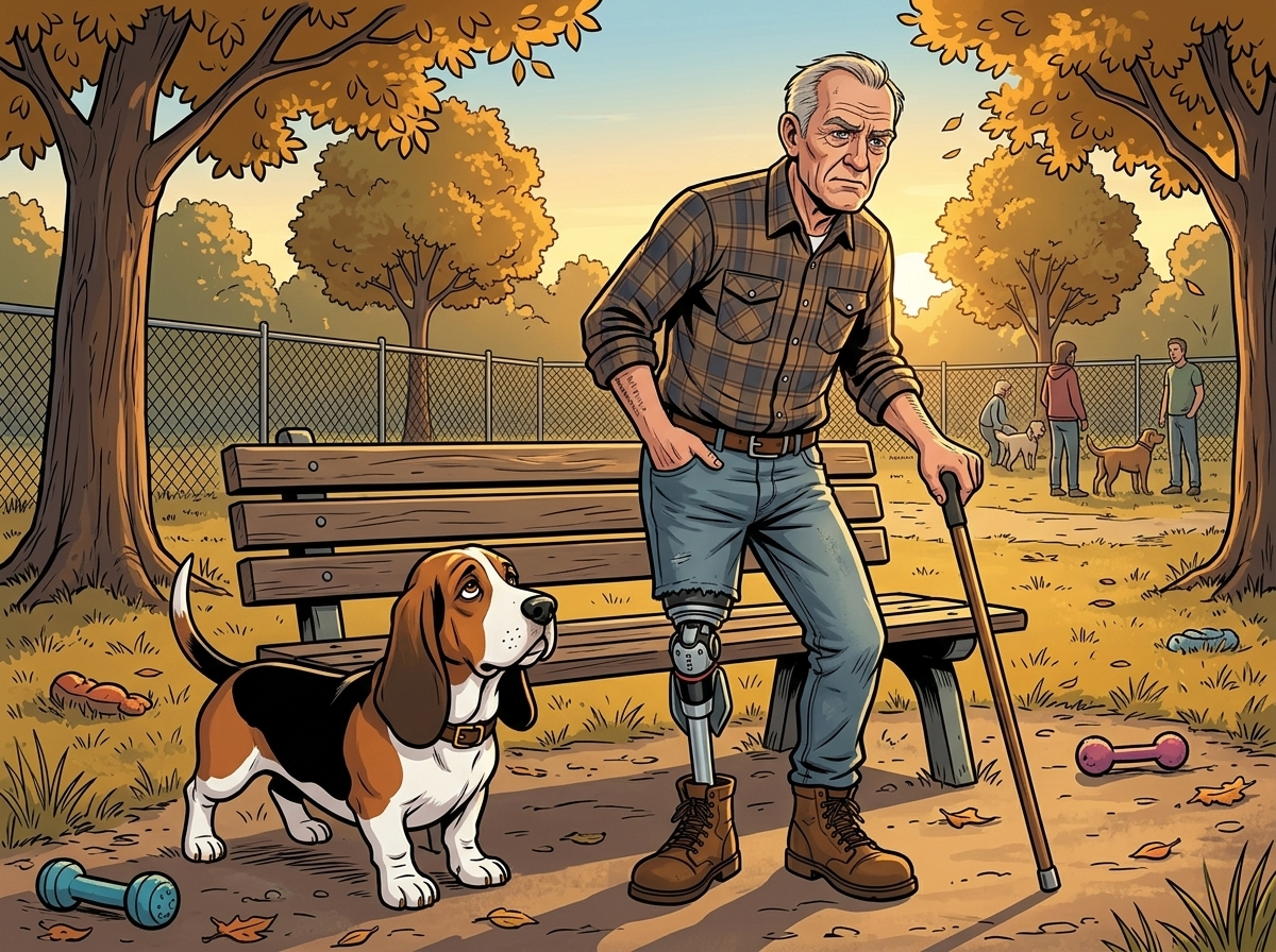 The Ghost Leg and the Coming Storm — page 4 panel 5: Hank stands slowly, his old prosthesis creaking, and retrieves his cane. As he walks away, he calls out one last, practical instruction over his shoulder: 'East wall first.'