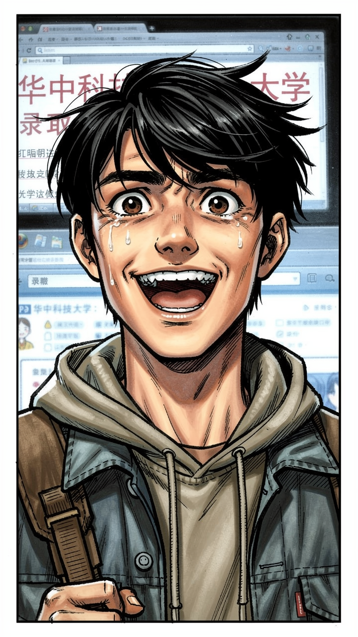 赵明的夏天 — page 5 panel 1: 赵明看到屏幕上的成绩和录取信息，先是震惊，随即爆发出一阵巨大的、如释重负的笑容。