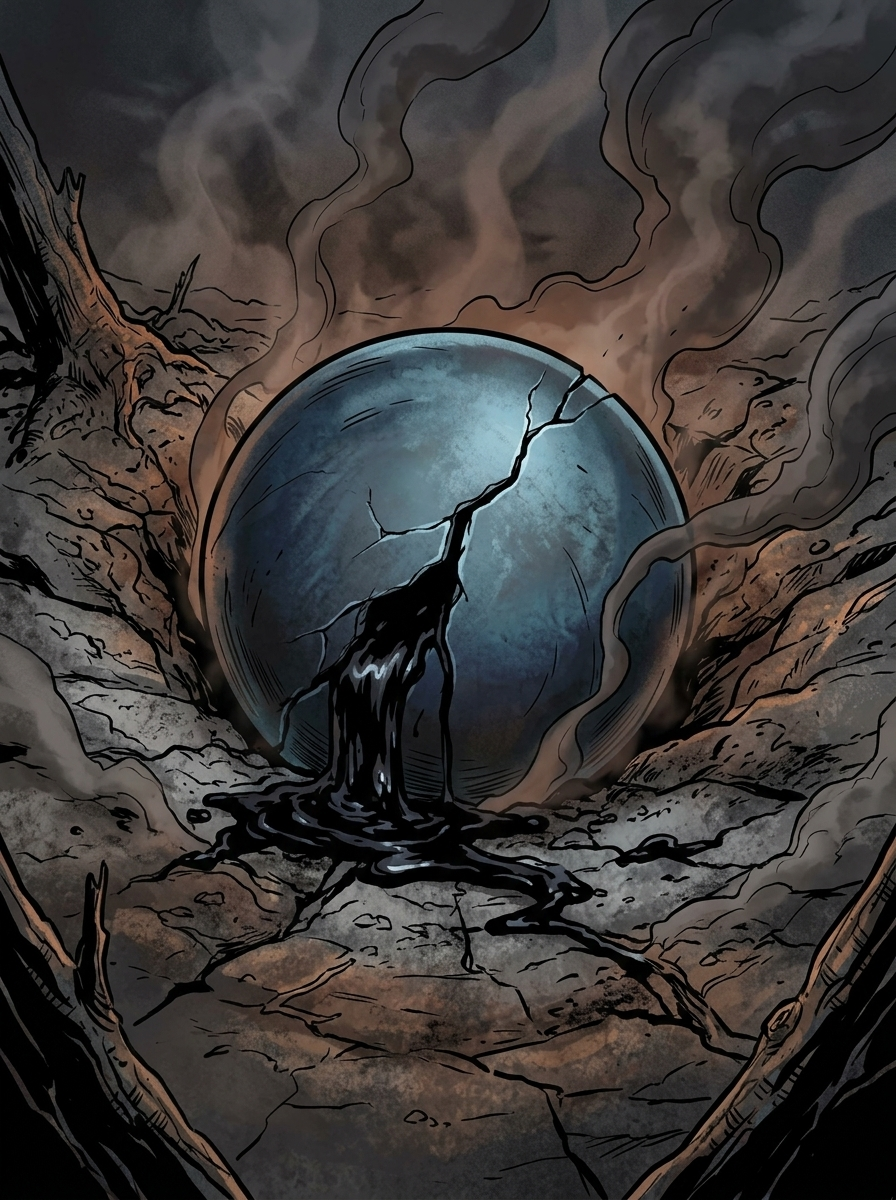 Altir's Fall — page 5 panel 1: A close-up of the crater reveals metallic orbs seeping a thick, black, unnatural ooze.