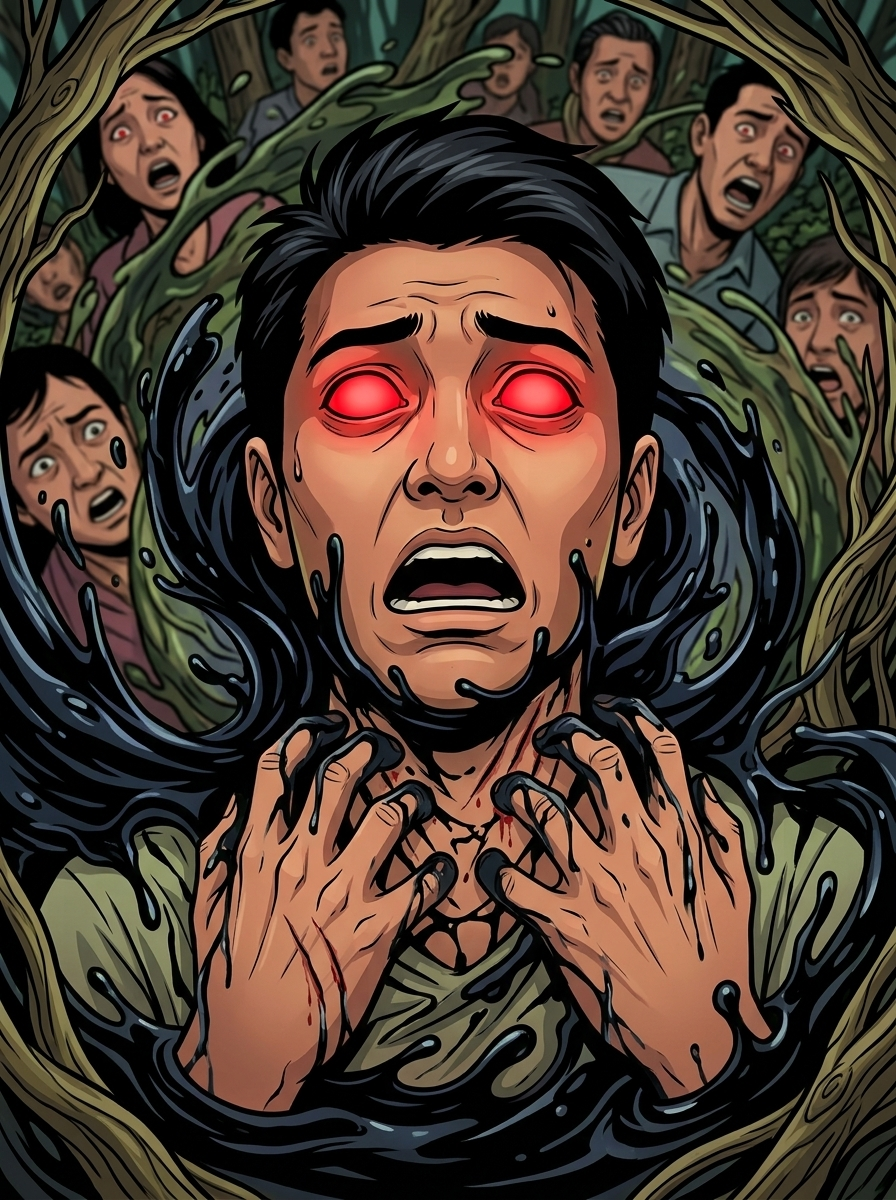 Altir's Fall — page 5 panel 2: The ooze attacks a panicked bystander, possessing them and turning their eyes solid red.