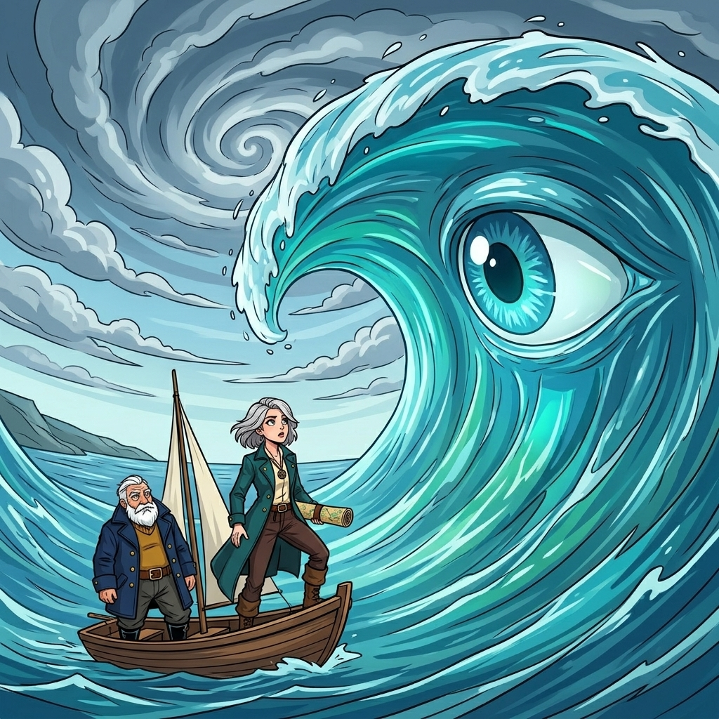 The Moving Sea — page 7 panel 1: The sea rises around the sailboat in a vast curling wall. Its surface forms a dreamlike eye-shaped hollow, towering over Mira and Tomas without breaking into ordinary waves.